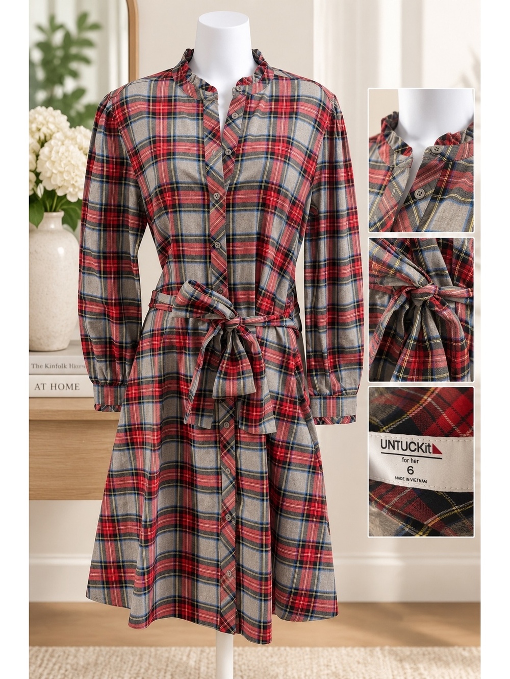 NWOT UNTUCKit Women's Size 6 Plaid Button-Down Shirt Dress with Belt